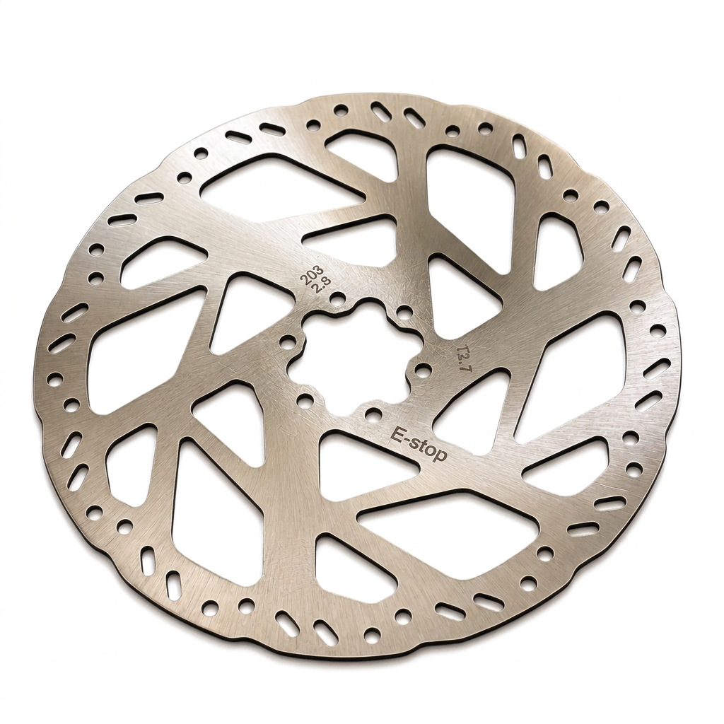 E-Stop 01 203mm brake rotor on white background